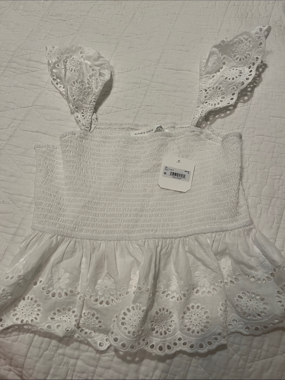 White Eyelet Smocked Womens Tank Top
